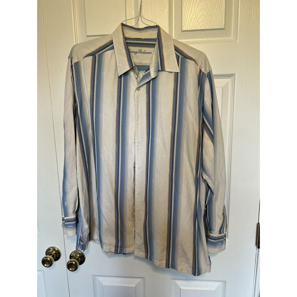 Tommy Bahama Button Up Shirt 80% Silk Short Sleeve Blue Striped Men’s Size XL